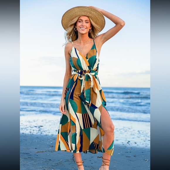 Cupshe geometric sleeveless v neck midi dress - Picture 1 of 5